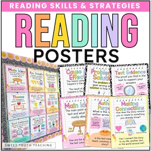 Op de afbeelding: Educatieve posters met de titel "READING POSTERS" in heldere kleuren. De posters behandelen leesvaardigheden en -strategieën, zoals hoofdgedachte, belangrijke details en tekstbewijs. Ontworpen voor educatieve doeleinden en visueel aantrekkelijk.
