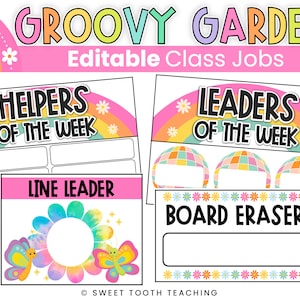Class Jobs & Helpers | Groovy Garden Retro Decor | Editable | DIGITAL DOWNLOAD
