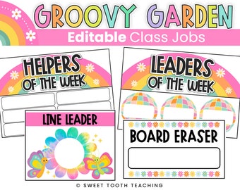 Klasbanen en helpers | Groovy tuin retro decor | Bewerkbaar | DIGITALE DOWNLOAD