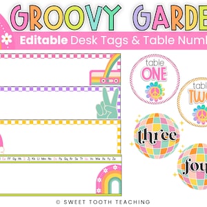Table Numbers & Desk Name Tags | Groovy Garden Retro Decor | Editable | DIGITAL DOWNLOAD