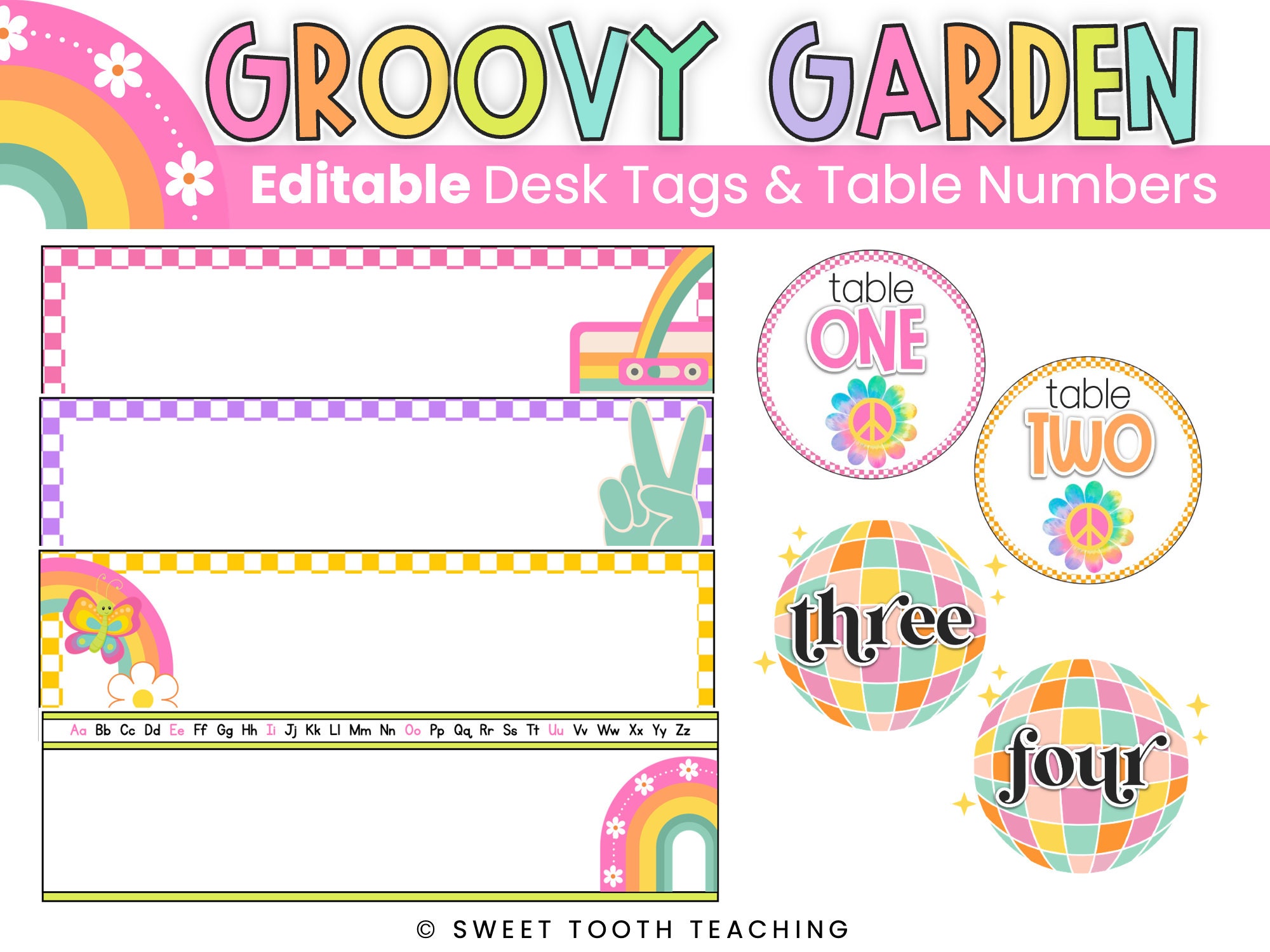 Table Numbers & Desk Name Tags | Groovy Garden Retro Decor | Editable | DIGITAL DOWNLOAD