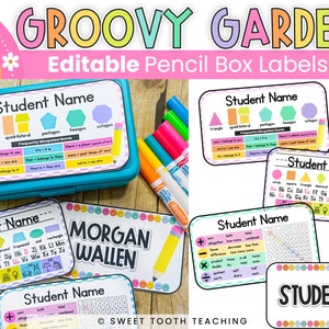 Colorful Pencil Box Tags | Groovy Theme Classroom Decor | Kindergarten & Elementary Supply Labels