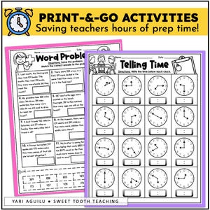 May include: Black and white printable worksheets for teaching telling time and word problems. The worksheets feature clocks with hands and a section for writing the time. The word problems are designed to help students practice math skills.