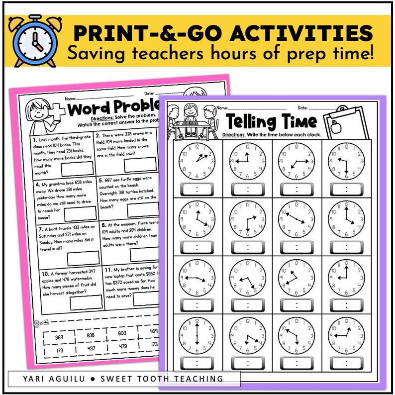 May include: Black and white printable worksheets for teaching telling time and word problems. The worksheets feature clocks with hands and a section for writing the time. The word problems are designed to help students practice math skills.