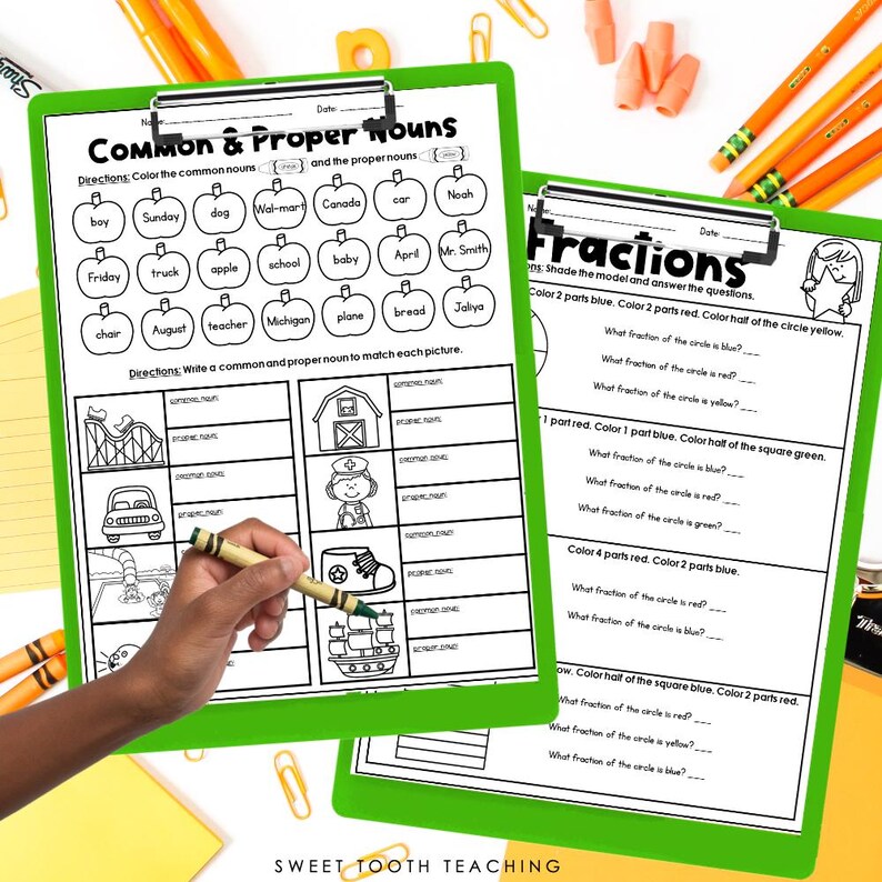 May include: A printable worksheet for teaching common and proper nouns. The worksheet features a colorful design with pictures of a roller coaster, a house, a car, a boot, and a ship. The worksheet also includes a section for fractions with a circle divided into sections and questions about the fractions of the circle.
