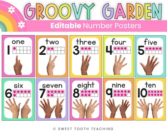 Zahlenposter mit Hand-Visuals | Groovy Garten | Bearbeitbar | DIGITALER DOWNLOAD