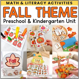 May include: A collage of fall-themed preschool and kindergarten activities. The image includes counting games with apples, pumpkin-themed puzzles, and a sensory bin with leaves. Text includes "Fall Theme" and "Fall is Here!"
