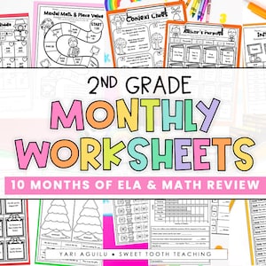 Monthly Second Grade Review Worksheets | Grammar, Reading & Math Printable Activities | Homeschool