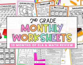Monthly Second Grade Review Worksheets | Grammar, Reading & Math Printable Activities | Homeschool