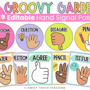 Hand Signal Posters | Colorful Groovy Garden Retro Decor | Editable | DIGITAL DOWNLOAD