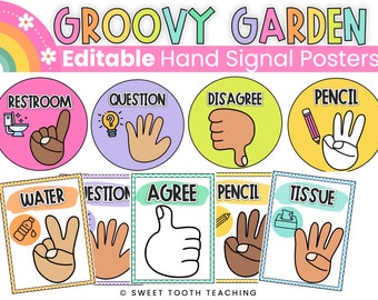 Handsignaalposters | Kleurrijk Groovy Tuin Retro Decor | Bewerkbaar | DIGITALE DOWNLOAD