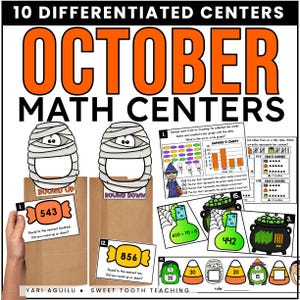 Op de afbeelding: Een educatieve bron met een Halloween-thema, met de tekst "10 Differentiated Centers OCTOBER MATH CENTERS." Bevat mummie-illustraties, wiskundeproblemen en de tekst "Round Up" en "Round Down."