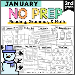 3rd Grade Review Worksheets Homeschooling | Winter Math, Reading Comprehension, Grammar, Writing Printables for January