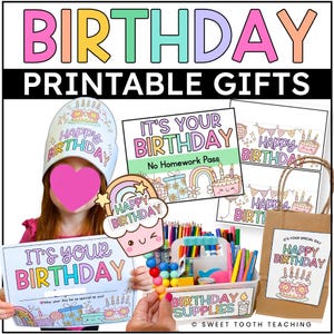 Op de afbeelding: Kleurrijke, printbare cadeaus met een verjaardagsthema, waaronder een feesthoed, een "No Homework Pass" en een cadeauzakje. De afbeelding toont de tekst "BIRTHDAY PRINTABLE GIFTS" in grote, kleurrijke letters en "BIRTHDAY SUPPLIES".