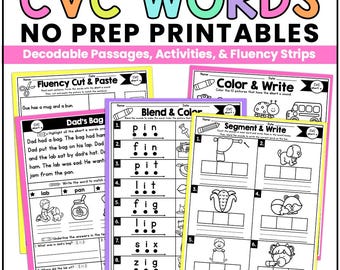 Short Vowels Phonics Worksheets- Homeschool Printables- CVC Reading Passages, Sentence Strips, 3 Letter Words
