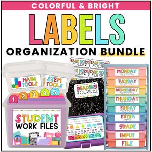 Colorful & Bright Labels Classroom Organization Supplies, Student Files, Folders, Pencil Box Labels, Notebook Labels Back to School Set Up