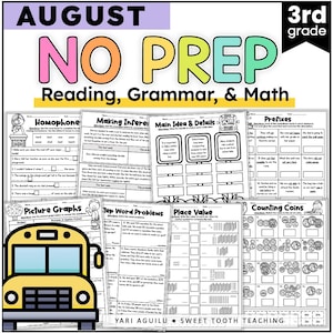 3rd Grade Review Worksheets Homeschooling | Back to School Math, Reading Comprehension, Grammar, Writing Printables for August