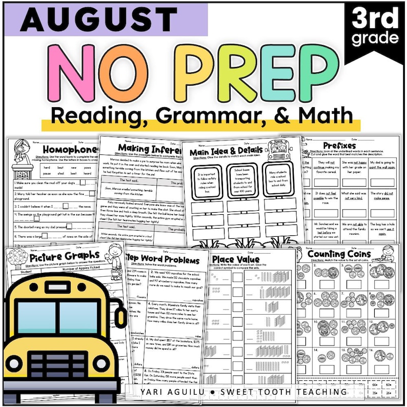 May include: A set of printable worksheets for third grade students. The worksheets cover a variety of subjects, including reading, grammar, and math. The worksheets are designed to be no-prep, meaning that teachers can use them without having to create their own materials. The worksheets are titled "August No Prep Reading, Grammar, & Math".