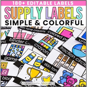 May include: A collection of 180+ editable supply labels featuring simple and colourful illustrations. Each rectangular label displays a black and white graphic icon with text labels such as binder clips, crayons, coloured paper, games, and fraction circles.