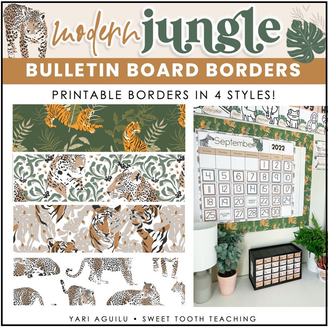 Jungle Themed Bulletin Board Borders With Cheetahs, Tigers, Tropical
