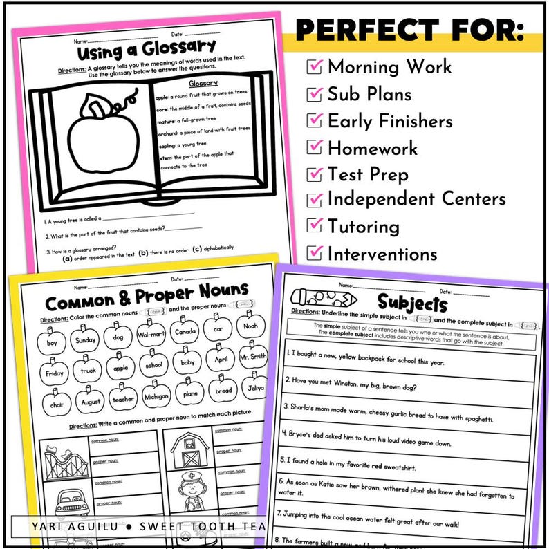 May include: Black and white worksheets for teaching grammar and vocabulary. The worksheets feature a glossary, common and proper nouns, and subject identification exercises. The worksheets are designed for morning work, sub plans, early finishers, homework, test prep, independent centers, tutoring, and interventions.