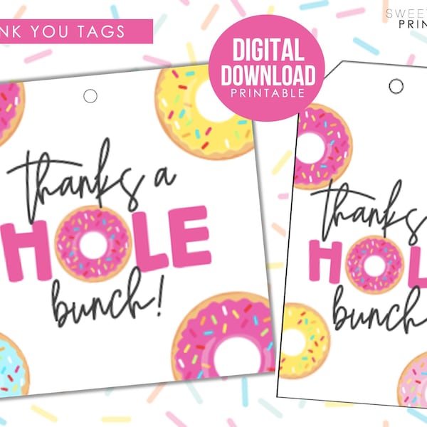 Donut Thank You Tag, Thanks a Hole Bunch, Teacher Appreciation, Nurse Appreciation, Printable Instant Download Thank You Tag, Treat Tag, D1