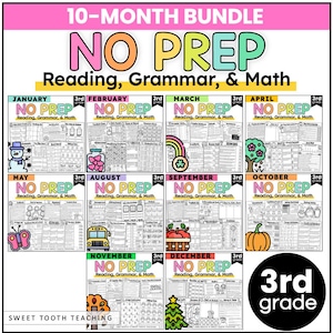 3rd Grade Review Worksheets Homeschooling | Math, Reading Comprehension, Grammar, Writing Printables BUNDLE