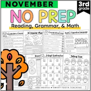 3rd Grade Review Worksheets Homeschooling | Thanksgiving Math, Reading Comprehension, Grammar, Writing Printables for November