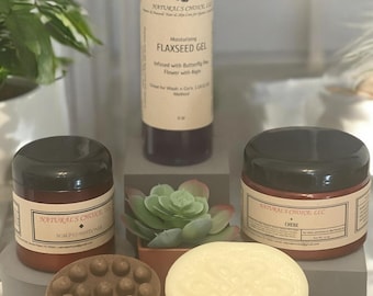 Coffret de soins capillaires naturels, gel de graines de lin, beurre pour les cheveux, après-shampoing en barre, shampoing en barre