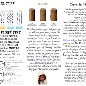 K&ouml;nnte beinhalten: Ein Diagramm, das verschiedene Haartypen zeigt: glatt, wellig, lockig und kraus. Der Text erkl&auml;rt den "Hair Float Test", um die Haarporosit&auml;t zu bestimmen. Der Test besteht darin, eine Str&auml;hne sauberes Haar in ein Glas Wasser zu geben und zu beobachten, wie es schwimmt. Der Text beschreibt auch die Eigenschaften von Haar mit niedriger, mittlerer und hoher Porosit&auml;t.