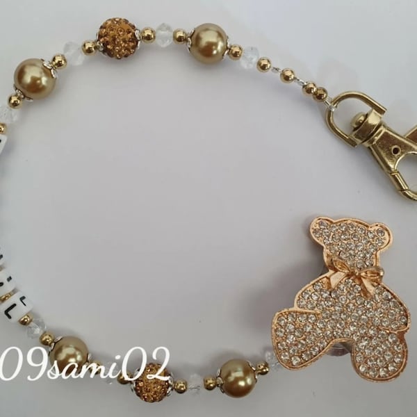 Personalisierter Bling romany Diamante Goldbär Schnullerclip: Kann auch mit Name oder Slogan personalisiert werden