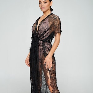 Vestido de kimono de encaje con cordón transparente - Ropa de dormir sexy - Vestido de noche