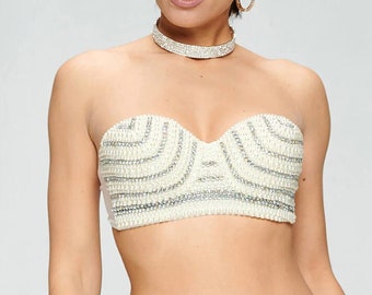 Beaded Bra  - Bralette Top - Rhinestone Halter Bra Top - Rhinestoe Corset -Detachable Straps Bra-Club wear Dance WearParty Wear