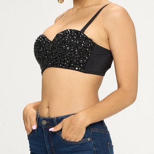 Athena Black Embellished Shoulder Straps Bling & Sparkly Bralette Top