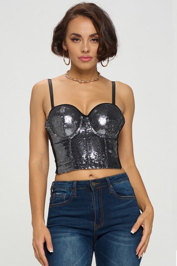 Women's Satin Bustiers Corsets Sexy Push Up Crop Top Sparkly