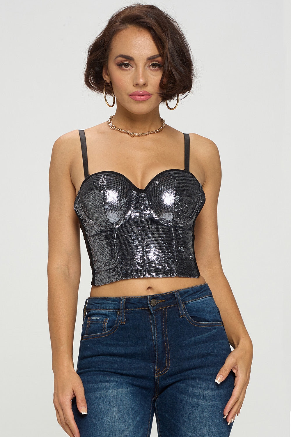 Black Shiny Overbust Glitter Corset With Cups 