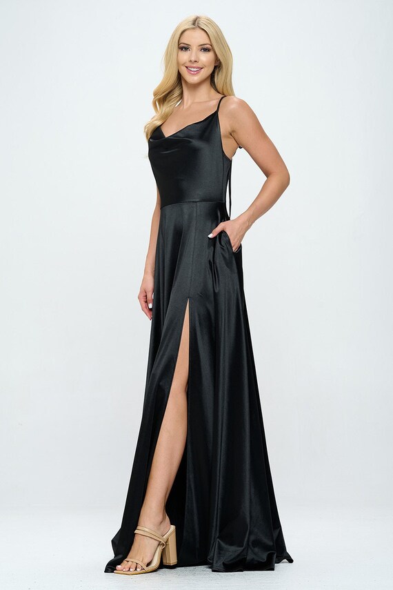 cowl neck high slit maxi dress Delmar Cowl Satin Slip Maxi Dress • Shop American Threads Boutique Blue / L main image 0