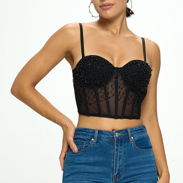 Bead Embellished Bustier Top - Hand beeded - Flexible Bra cups - perfect for dance Party and club