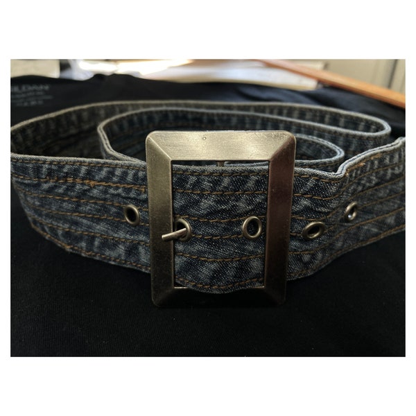 Denim Belt with Antique Silver Buckle and Eyelet - Medium Blue Denim Belt