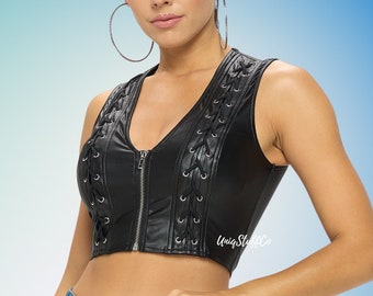 Sexy Lace Up Zip Up Closure Crop Vest With Eyelets - Faux Leather - Classic Best Selling Styles - High Quality