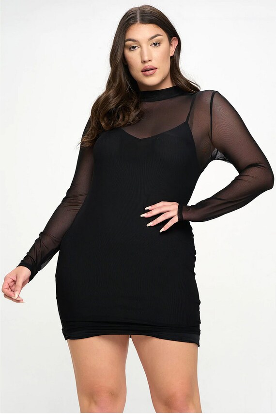 Plus Mesh Mock Neck Bodycon Dress - Mesh Casual Dress - Long Sleeve Mesh Dress - Sexy Plus Dress - Dancewear Clubwear