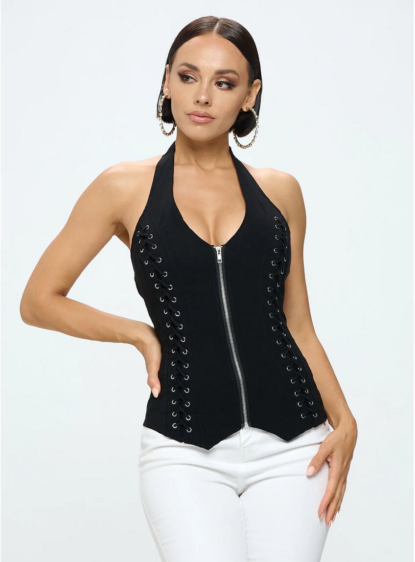 【MOILLY】Lace 7 Track Top Sexy Lace up Zip up Closure Halter Top With Classic Eyelet