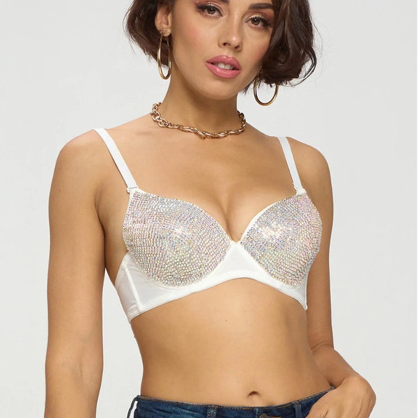 Rhinestone Embellished Corset Push-Up Bra Top in Apricot main image 0