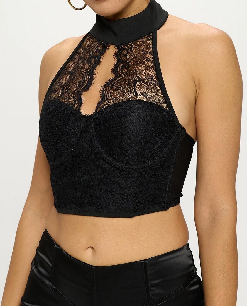 Mixed Halter Neck Crop Top with Lace Detail Online Shopping