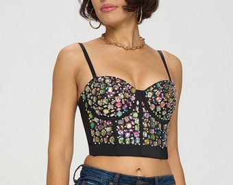 Multi Color Mixed Rhinestone Bustier Bustier Top - Unique Style for party -  Beaded Corset
