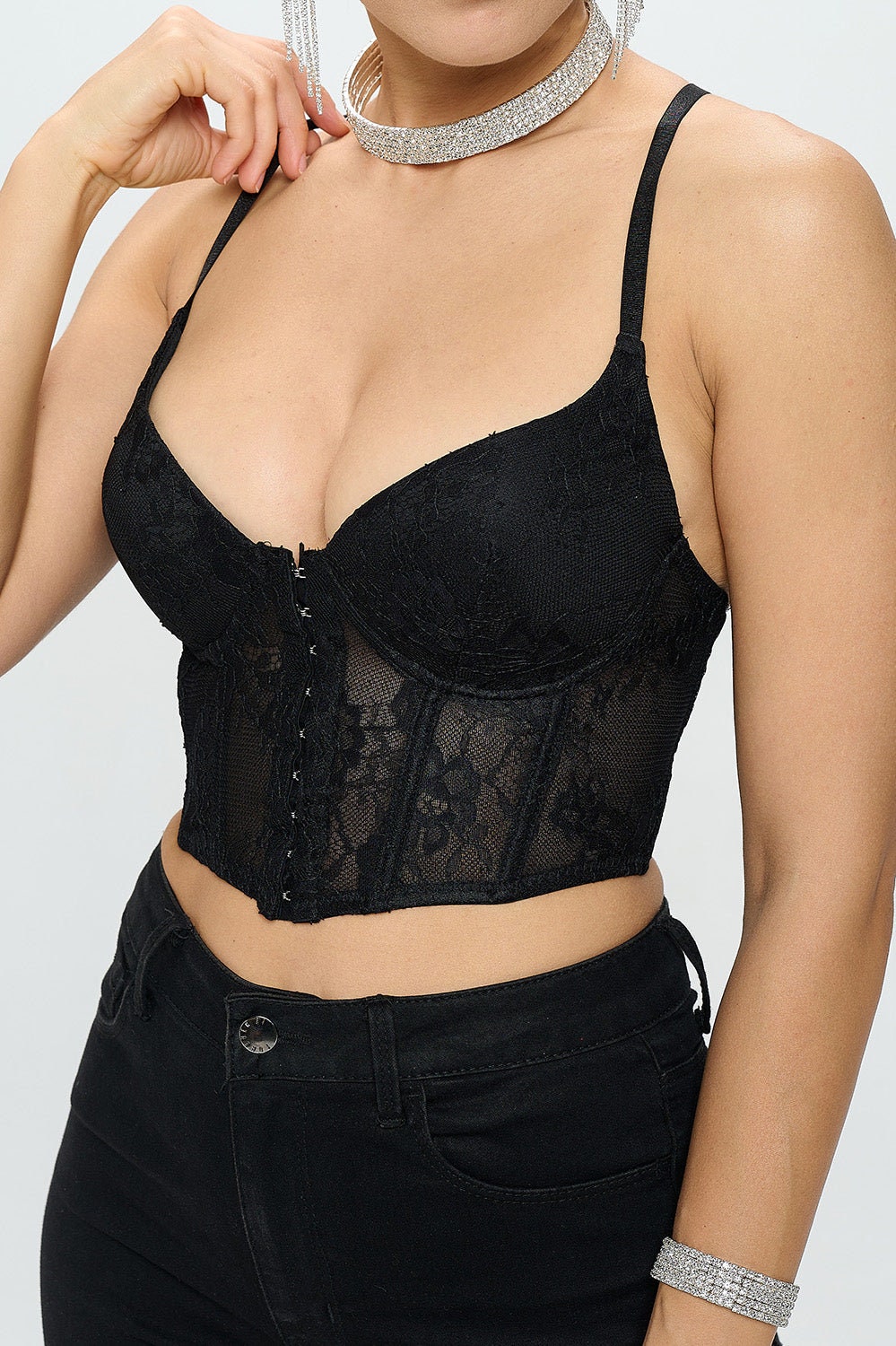 Floral Lace Hook and Eye Closure Corset Crop Top - Black
