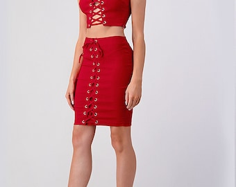 Lace Up Front Pencil Skirt with Eyelet Short Skirt - Skirt for Party - Lace Skirt for Club - Casual Skirts