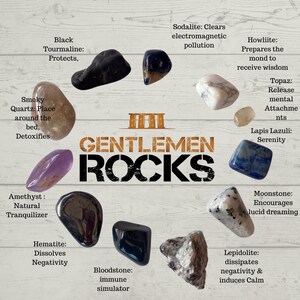 May include: An assortment of polished gemstones, including black tourmaline, amethyst, and lapis lazuli, arranged in a circular pattern. The text "GENTLEMEN ROCKS" is prominently displayed in the center, with descriptive text for each stone.