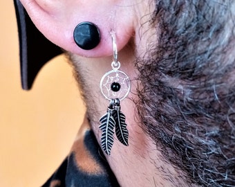 Silver 925 Dreamcatcher Earring with Dual Feathers and Obsidian – Men&#39;s Hoop