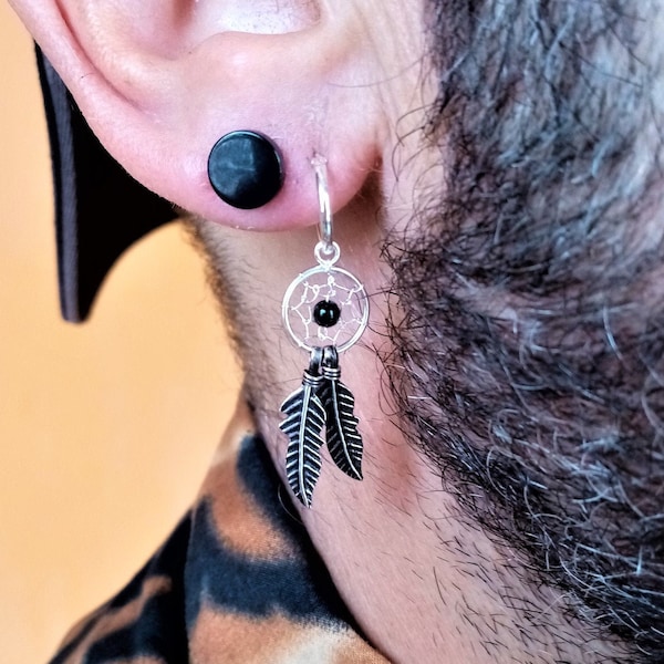 Silver 925 earring for men with 2 feather dreamcatcher · Silver dreamcatcher male earring · 2 feather earring